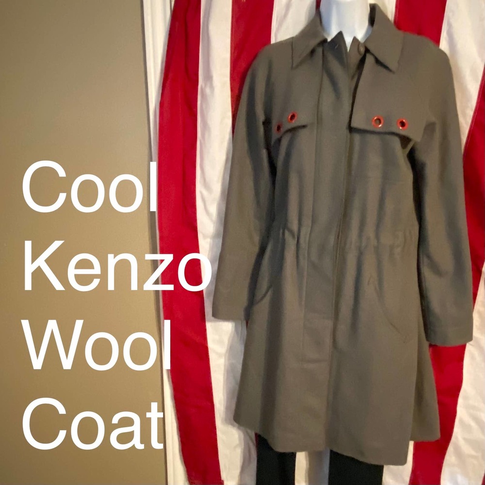 KENZO Paris Unisex Sz 40 Khaki Green Red Trim Wool Trench Coat